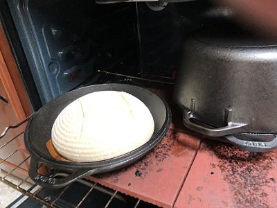 Just dropped into the screaming hot Dutch Oven
These were baked in Lodge Cast Iron Dutch Ovens preheated for an hour at 500F.  They are screamin' hot, and require great care and heavy leather gloves!
