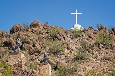 Peace at Mission San Xavier Du Bac near Saguarita, Arizona
This cross anchors a prayer center on a high nob at the mission.  A circular path up and around the back yield access, to the energetic.
